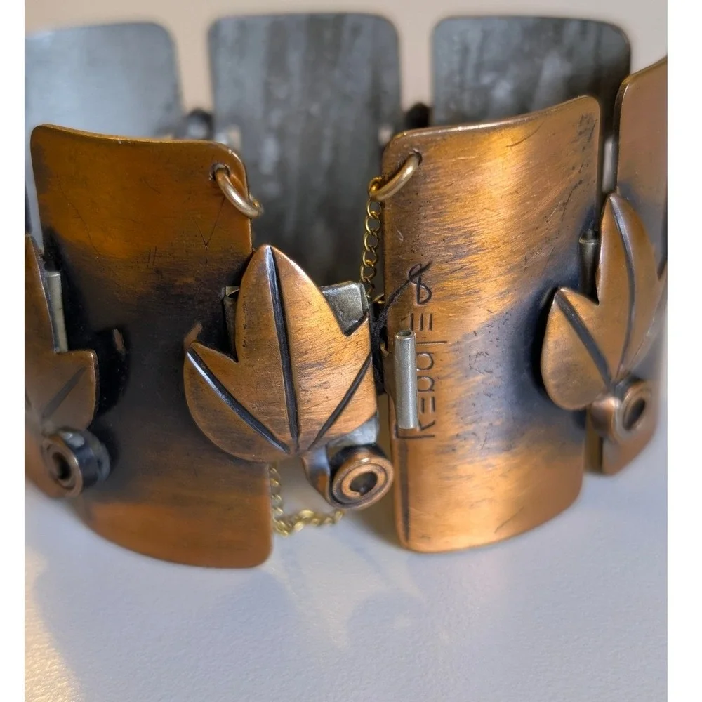 Frank Rebajes Signed Copper Leaf Panel Cuff Bracelet Statement